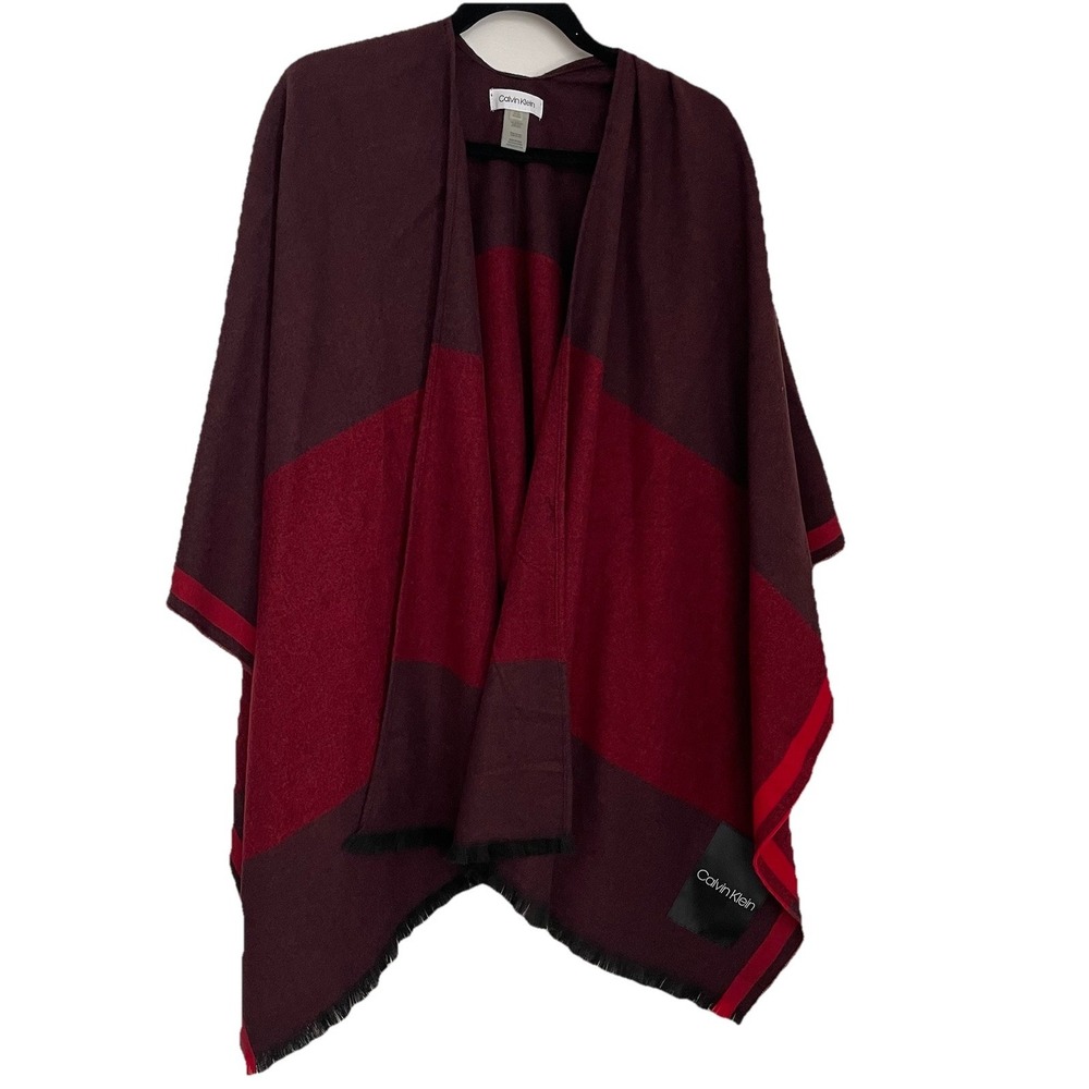 Calvin Klein Women's Shawl Poncho One Size Red/Maroon/Black Soft